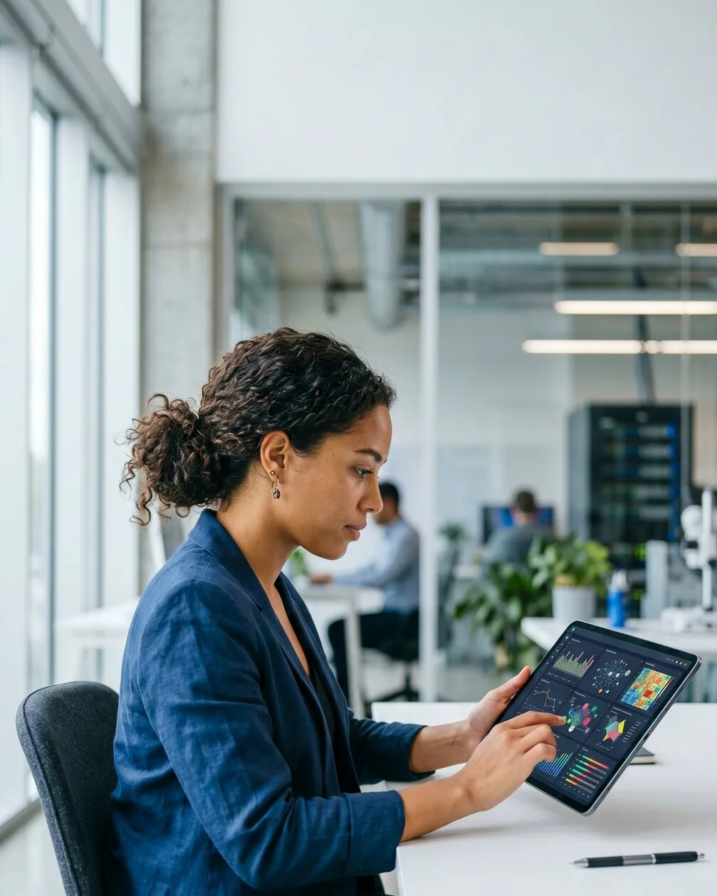 Healthcare IT professional analyzing digital data and analytics on a tablet